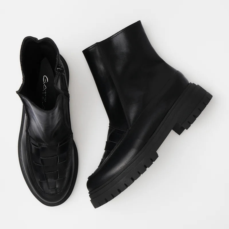 Woven Leather Combat Boot - Black