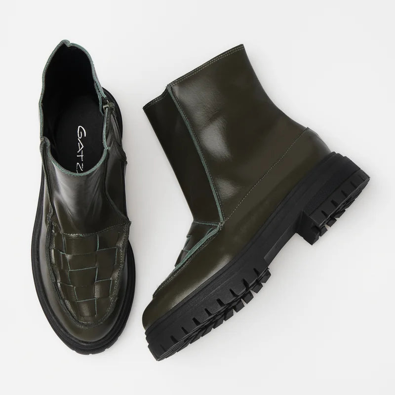 Woven Leather Combat Boot - Green