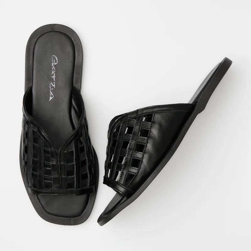 Brescia Black Leather Flat Sandal