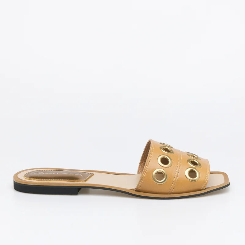 Leather Eyelet Flat Sandal - Black