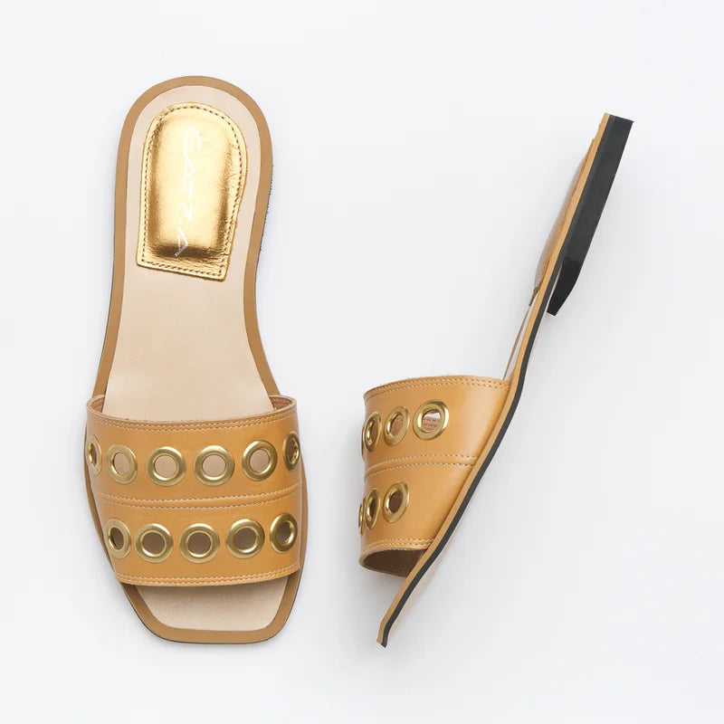 Leather Eyelet Flat Sandal - Beige