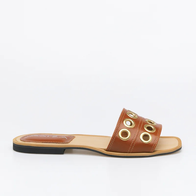 Leather Eyelet Flat Sandal - Black