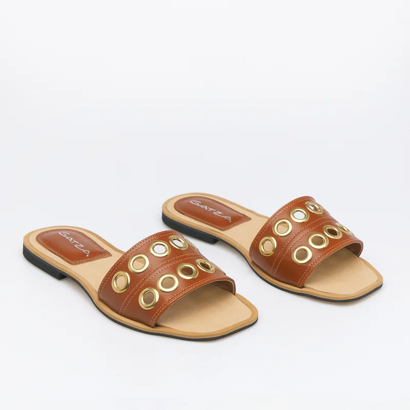 Leather Eyelet Flat Sandal - Caramel