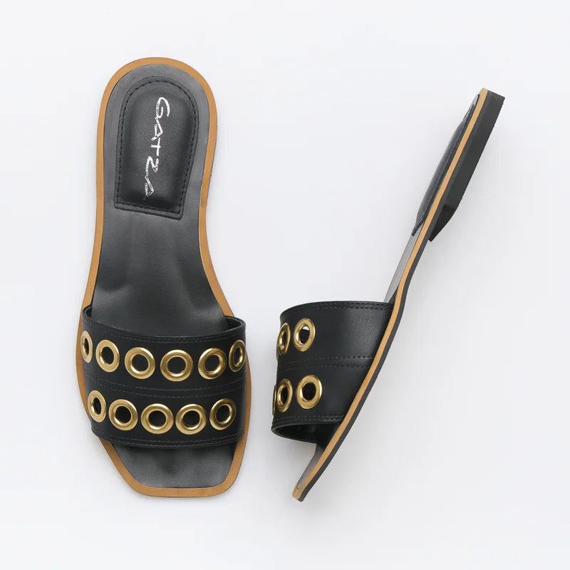 Leather Eyelet Flat Sandal - Black
