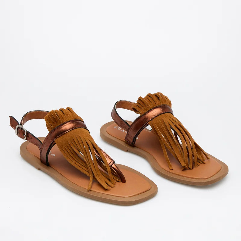 Tassel Leather Flat Sandal - Caramel