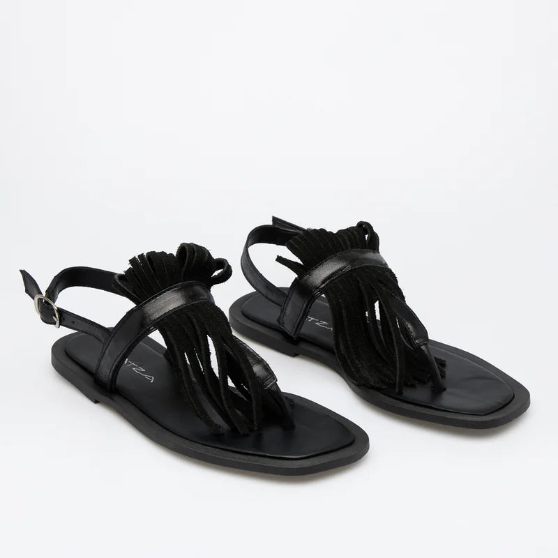 Tassel Leather Flat Sandal - Black
