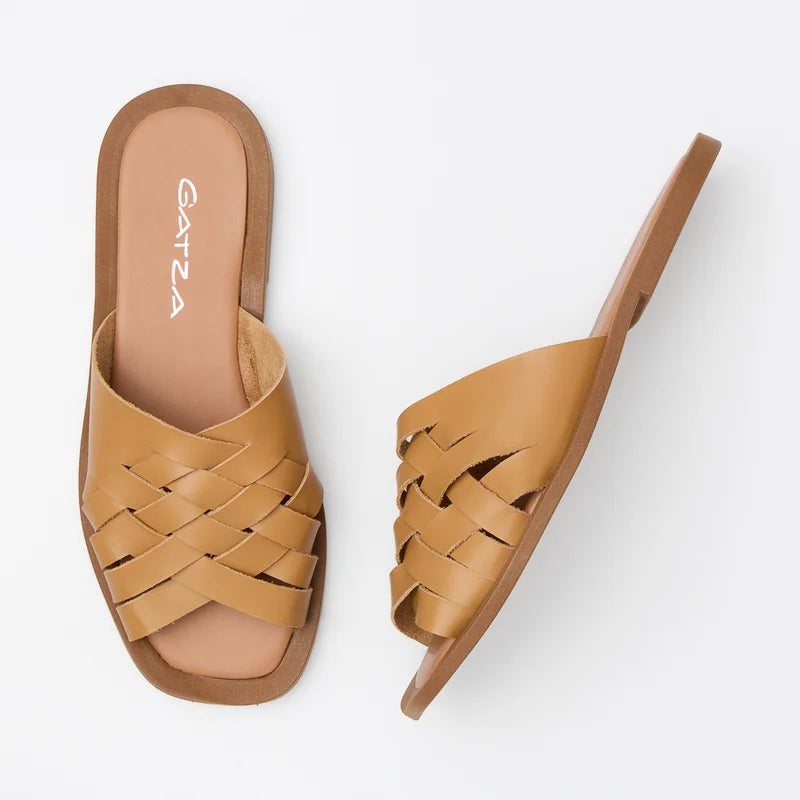 Woven Leather Flat Sandal - Beige