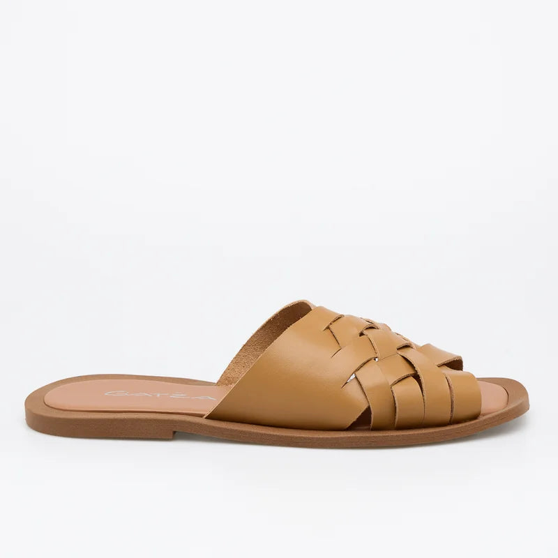 Woven Leather Flat Sandal - Caramel