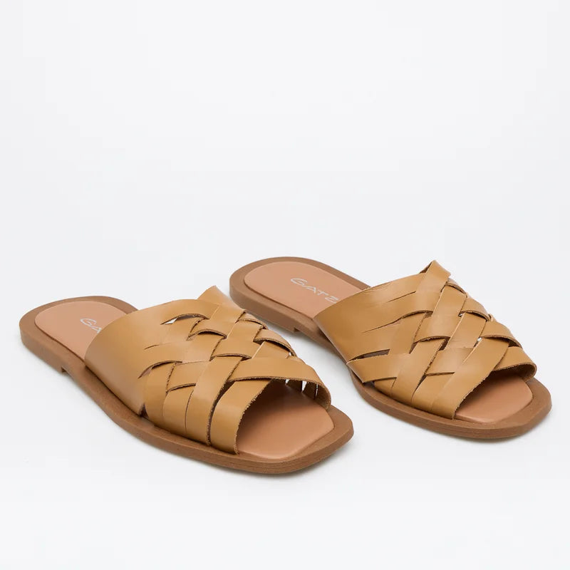 Woven Leather Flat Sandal - Beige