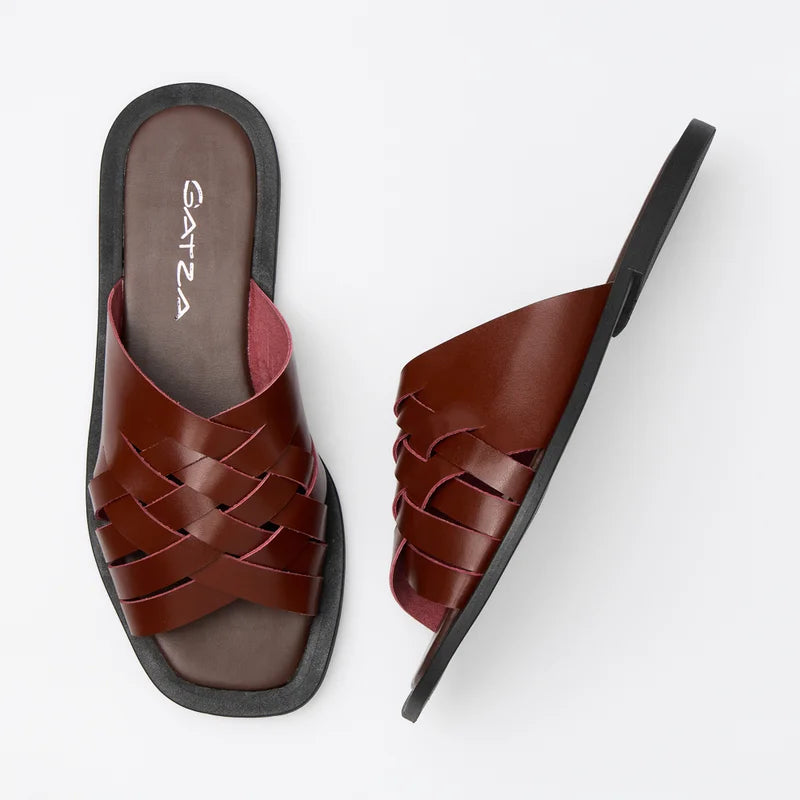 Woven Leather Flat Sandal - Burgundy