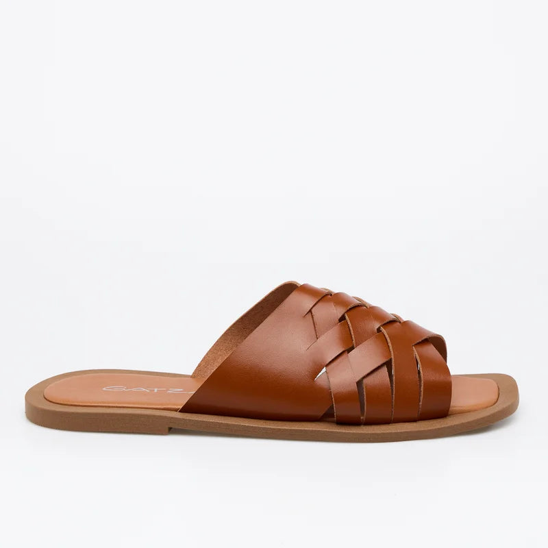 Woven Leather Flat Sandal - Caramel