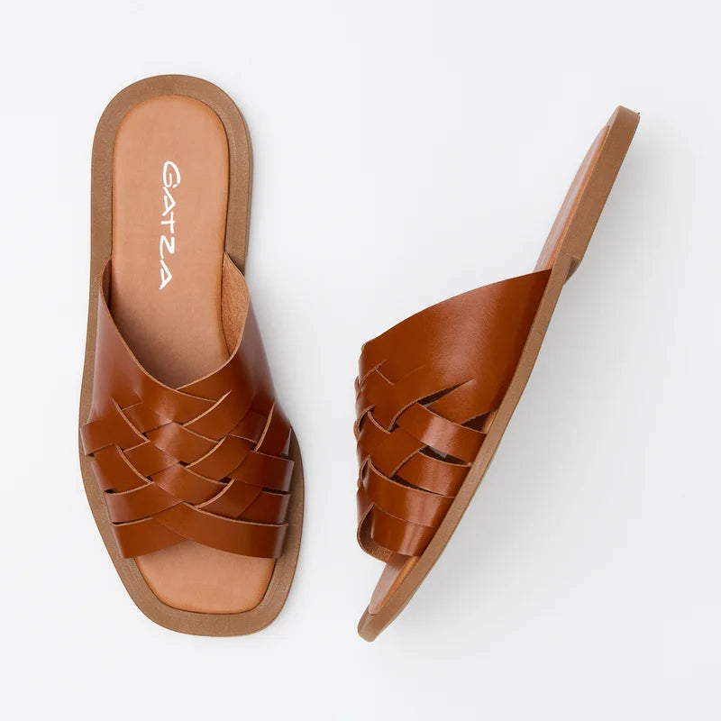 Woven Leather Flat Sandal - Caramel
