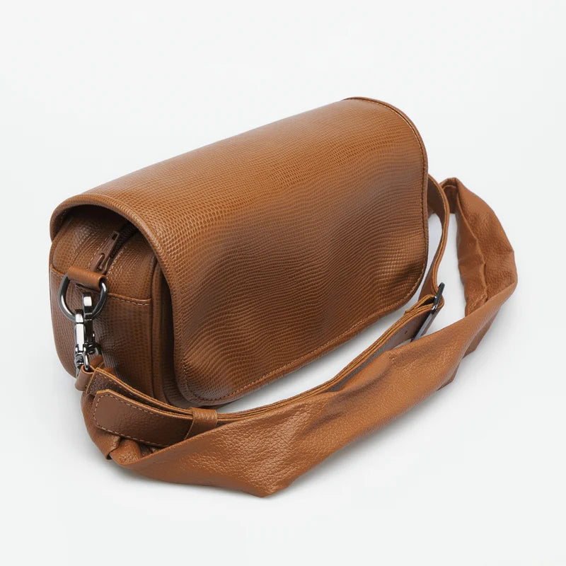 Lezard Leather Baguette Bag - Caramel