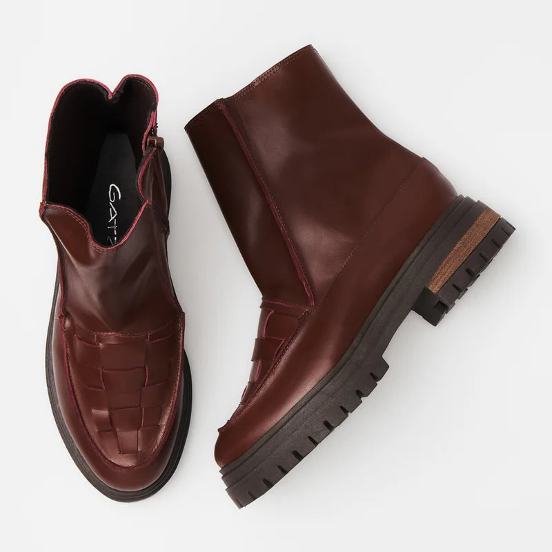 Woven Leather Combat Boot - Burgundy