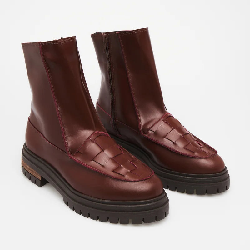 Woven Leather Combat Boot - Burgundy