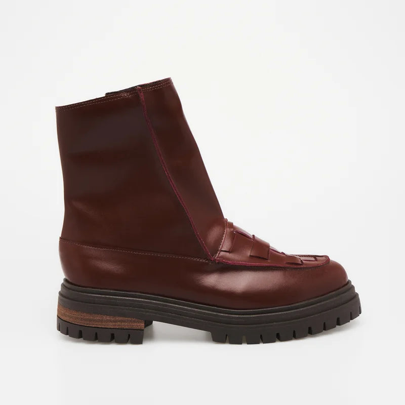 Woven Leather Combat Boot - Burgundy