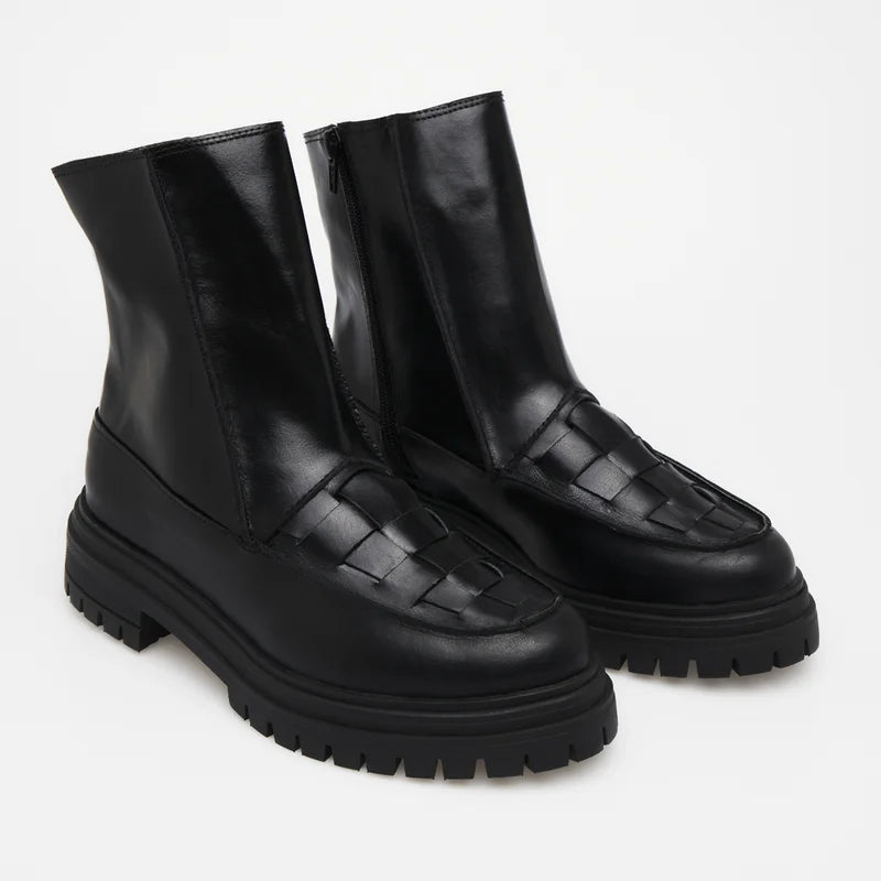 Woven Leather Combat Boot - Black