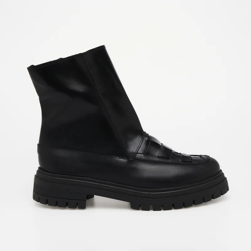 Woven Leather Combat Boot - Black
