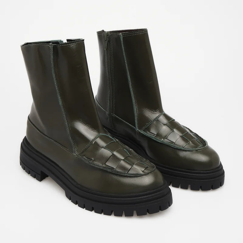 Woven Leather Combat Boot - Green