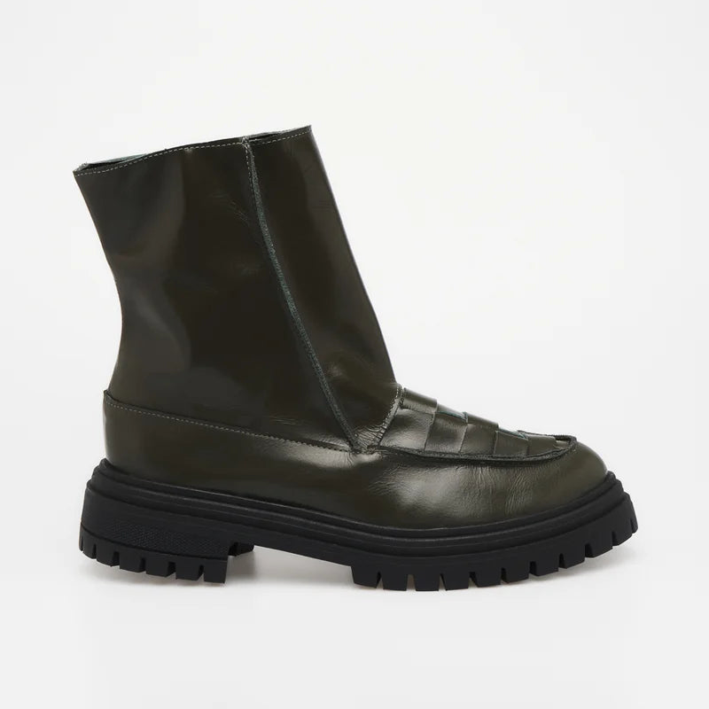 Woven Leather Combat Boot - Green