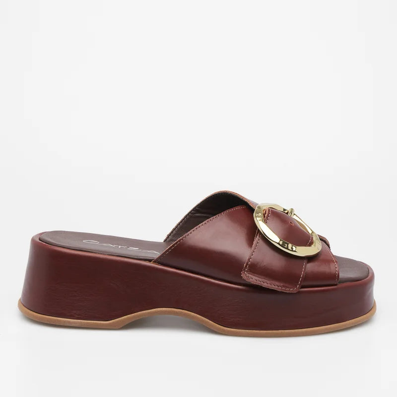 flat leather buckle sandal - Burgundy