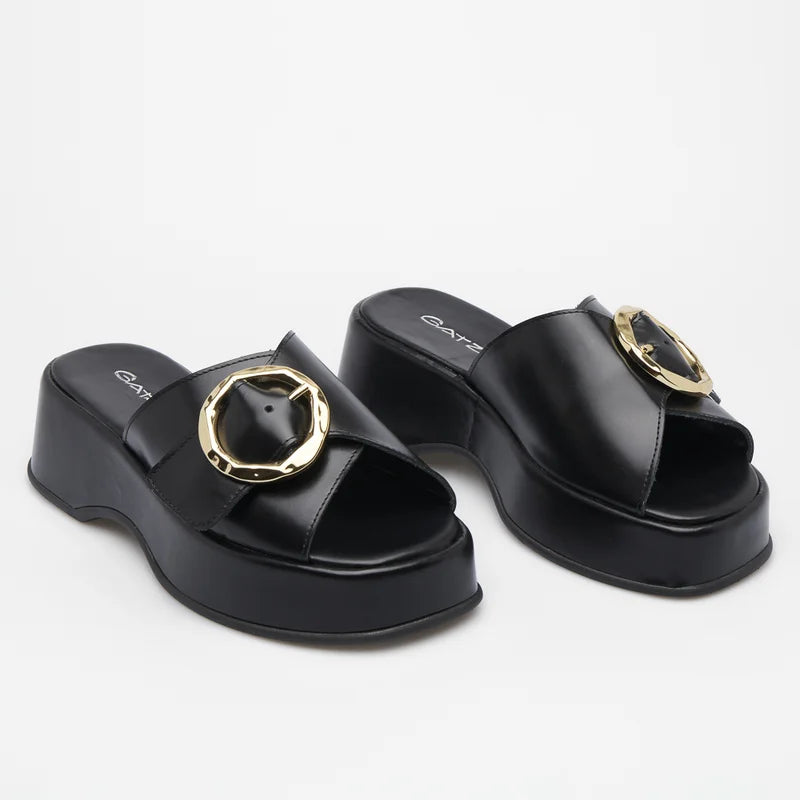 flat leather buckle sandal - Black