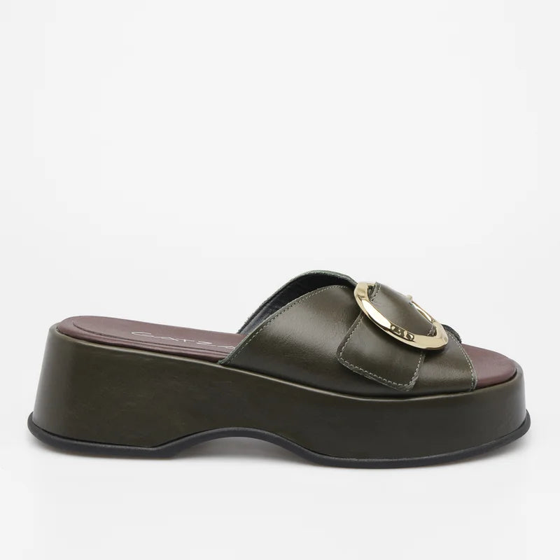 flat leather buckle sandal - Green
