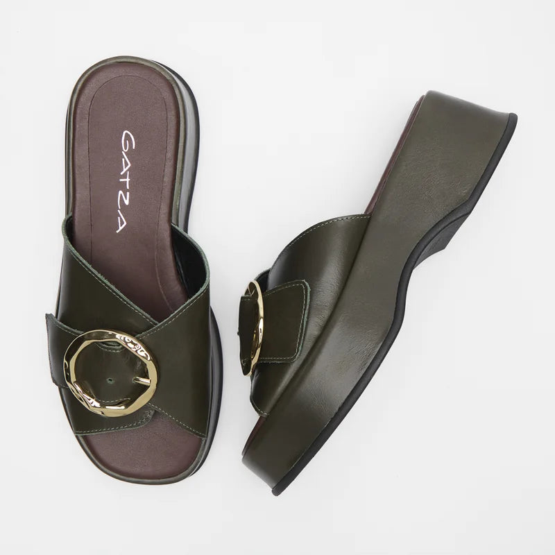 flat leather buckle sandal - Green