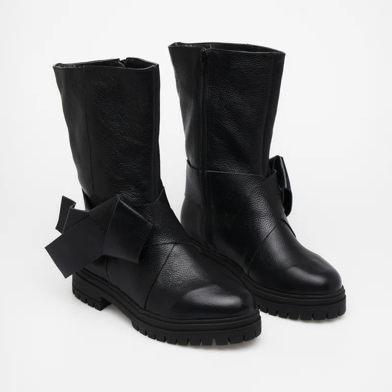 Lace Leather Combat Boot - Black