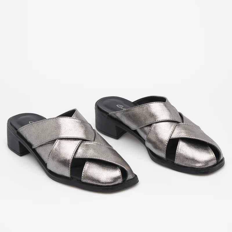 Leather Strap Mule - Silver