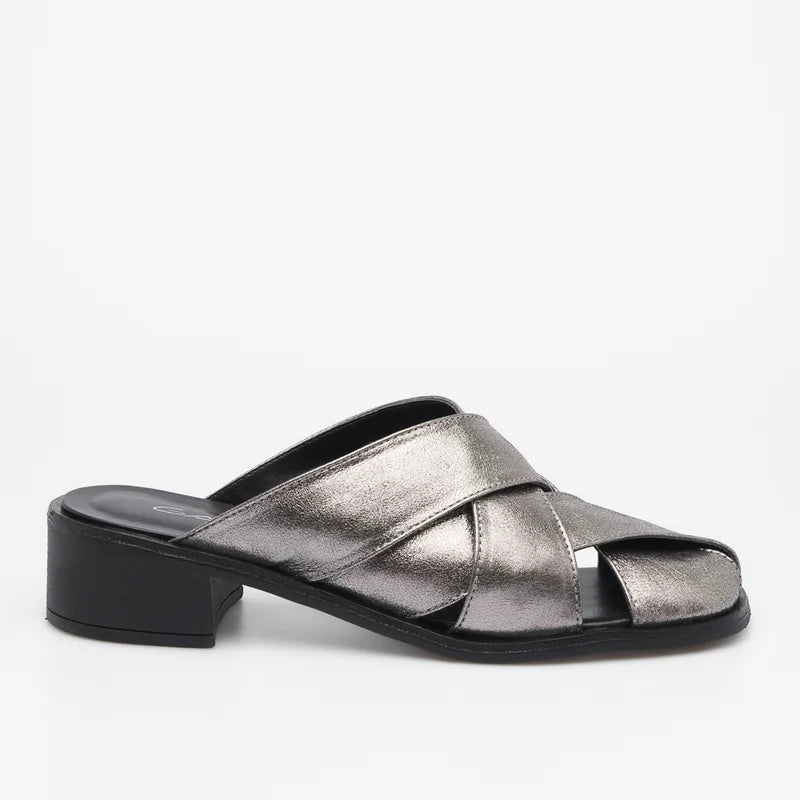 Leather Strap Mule - Silver