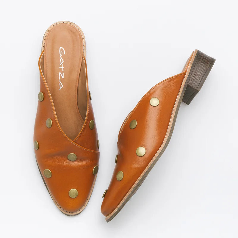 Leather Studded Mule - Caramel