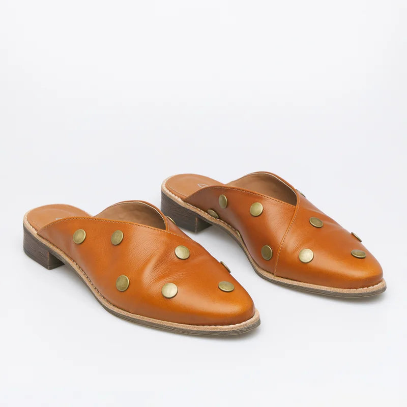 Leather Studded Mule - Caramel
