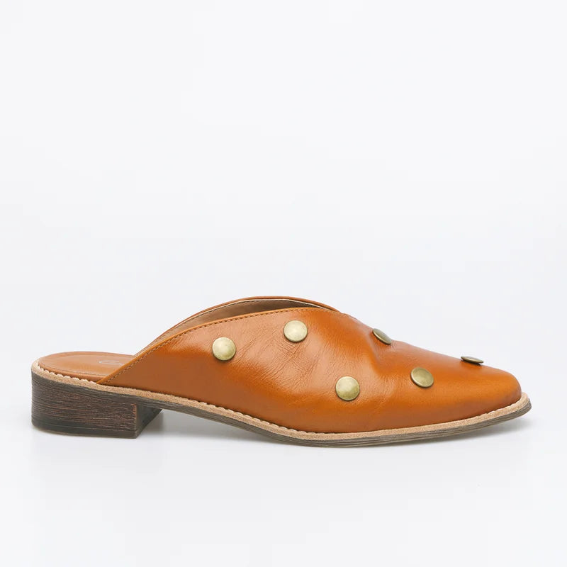 Leather Studded Mule - Caramel