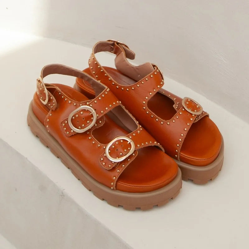 Studded Leather Slide Sandal - Caramel