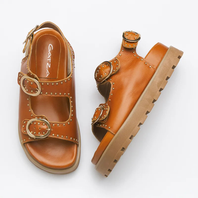 Studded Leather Slide Sandal - Caramel