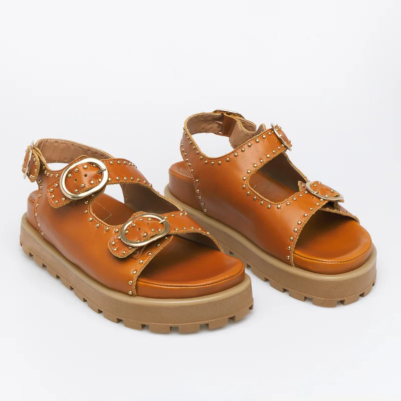 Studded Leather Slide Sandal - Caramel