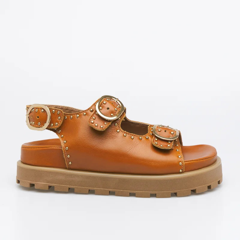 Studded Leather Slide Sandal - Caramel