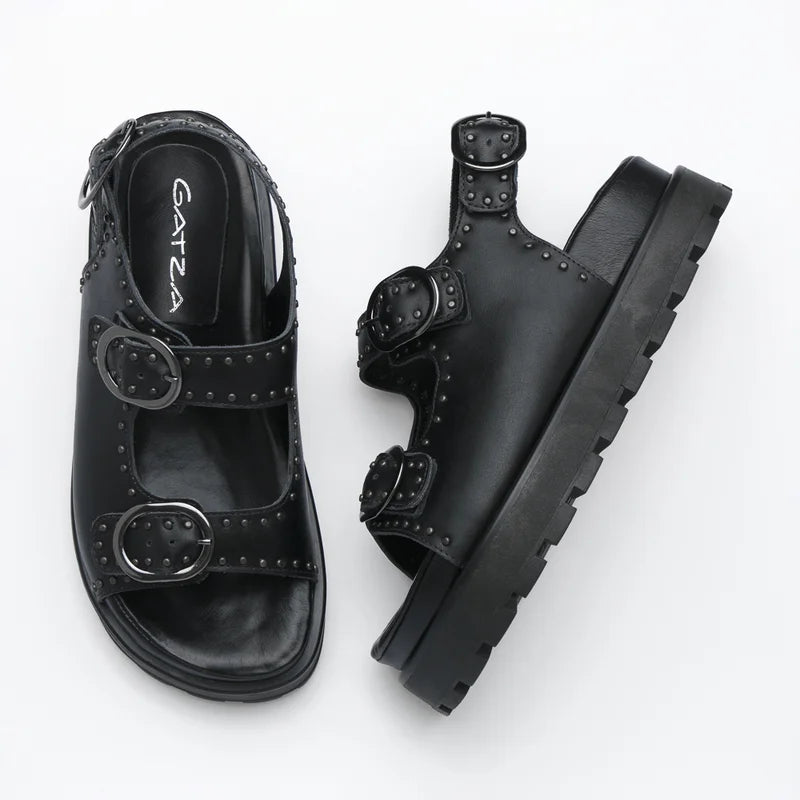 Studded Leather Slide Sandal - Black