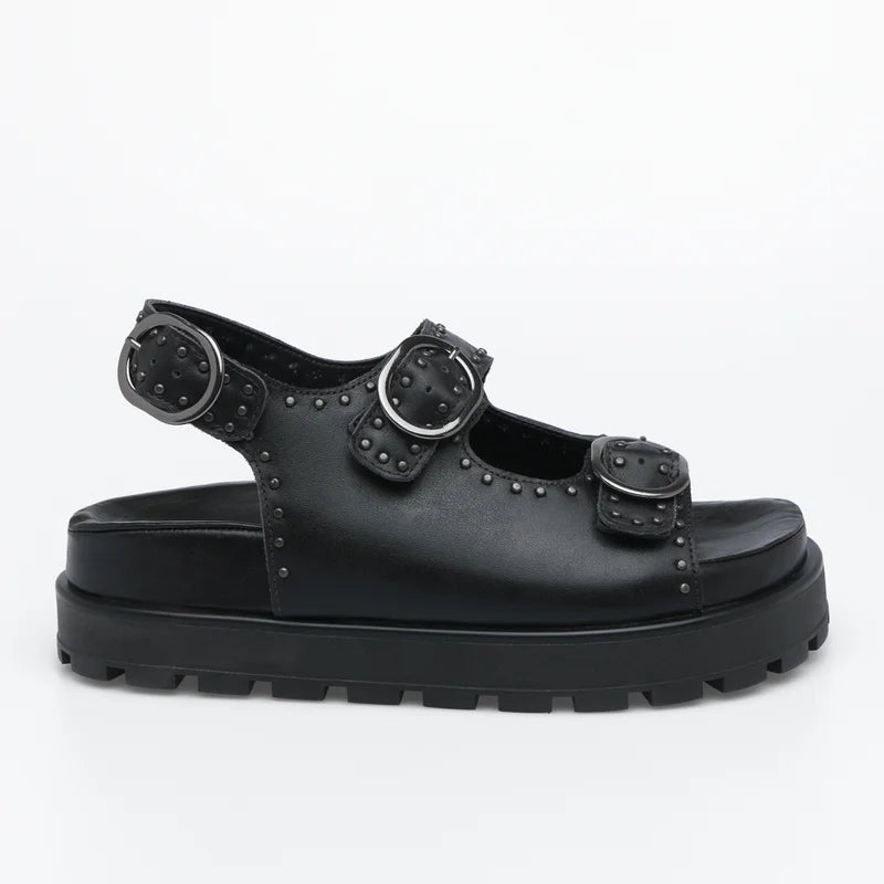Studded Leather Slide Sandal - Black