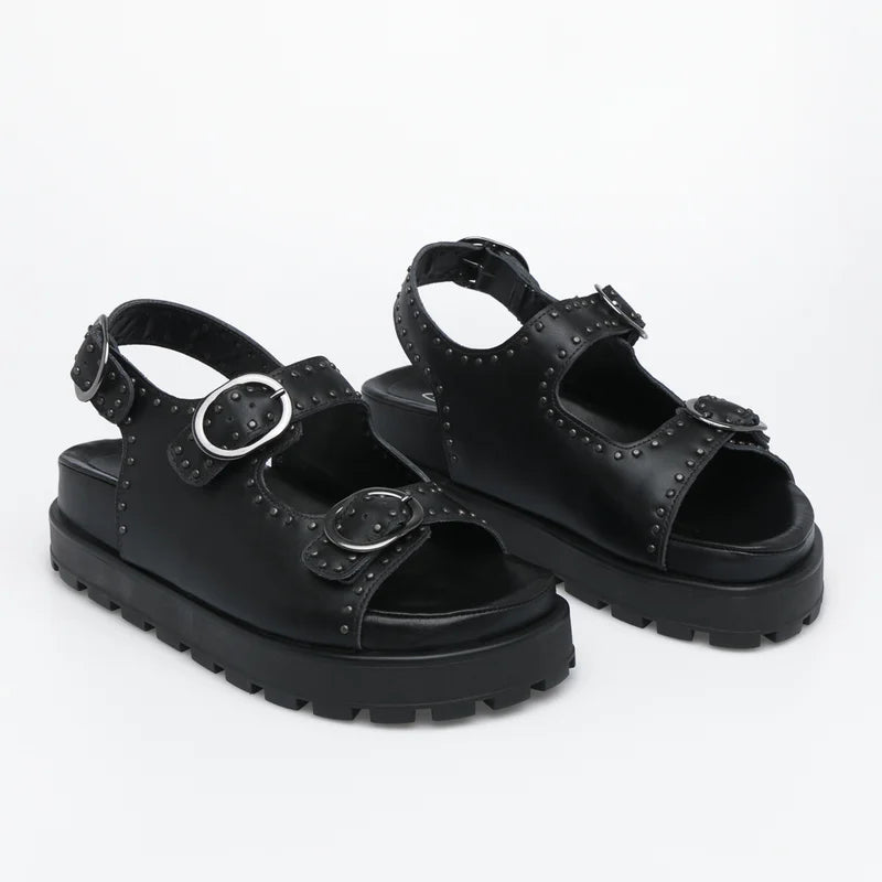 Studded Leather Slide Sandal - Black