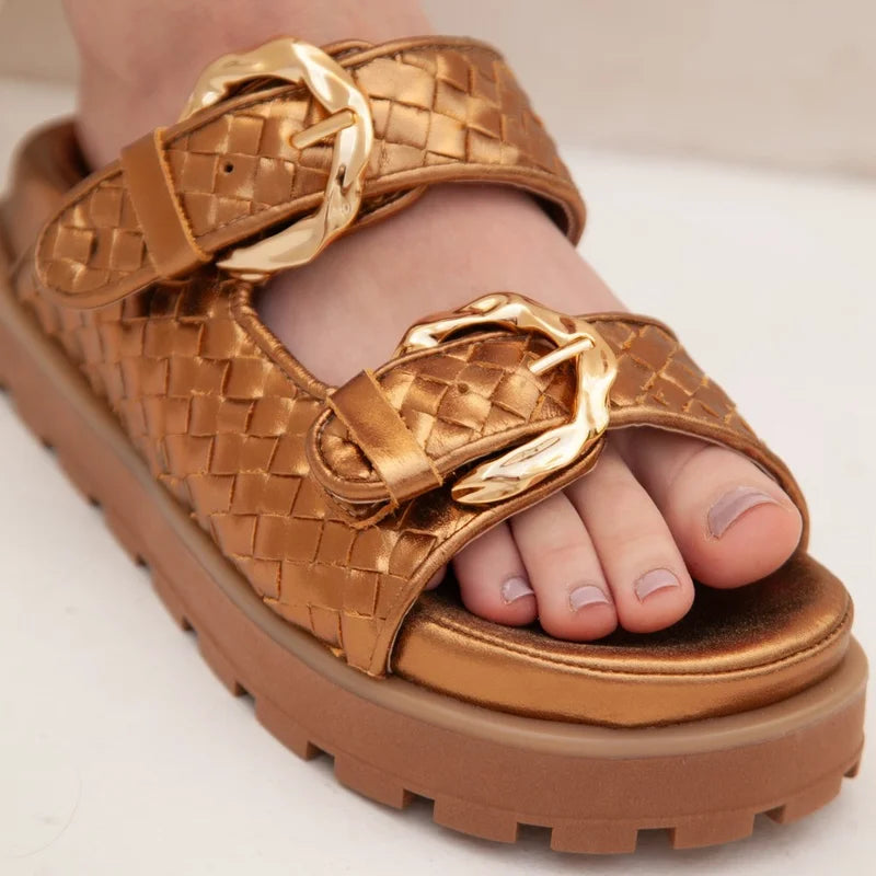Interlaced Leather Sandal - Old Gold