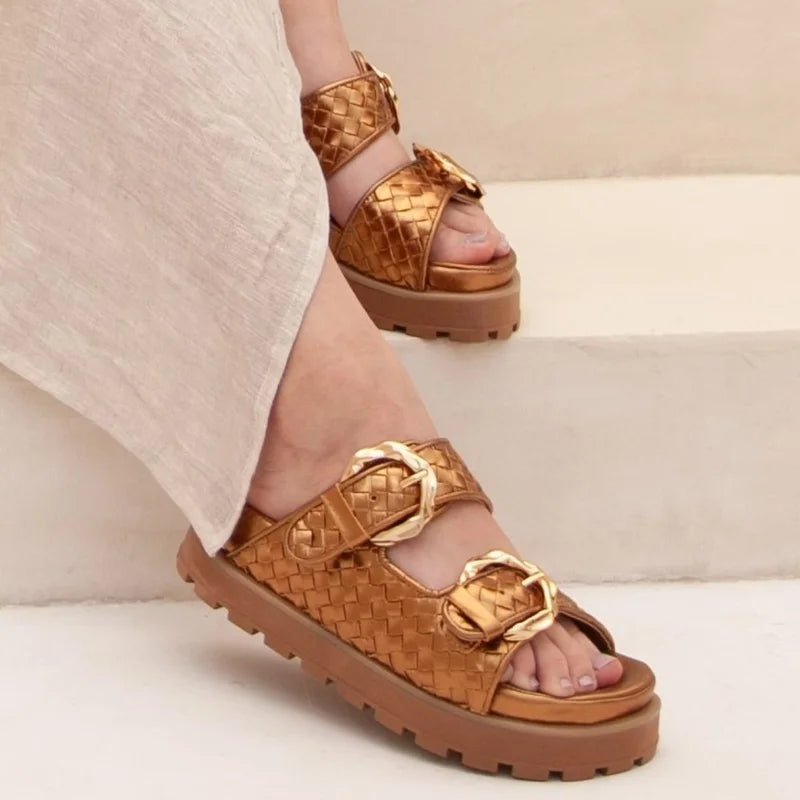 Interlaced Leather Sandal - Old Gold