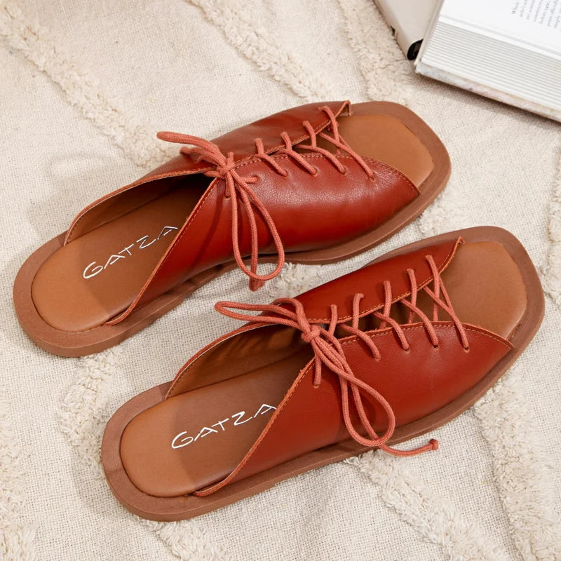 Tie-Up Flat Sandal - Rust