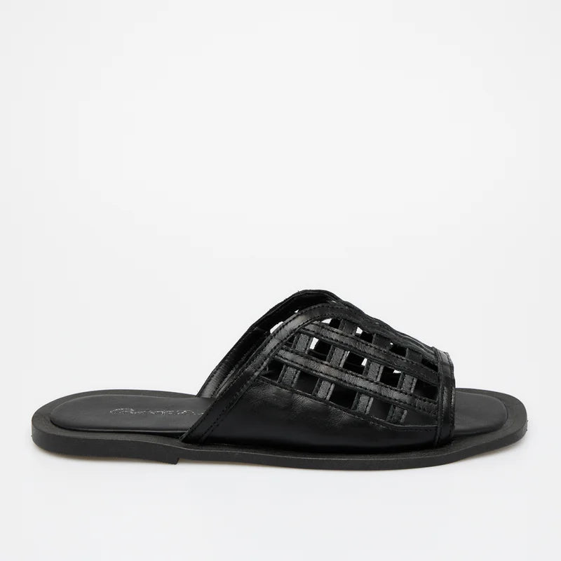 Brescia Black Leather Flat Sandal