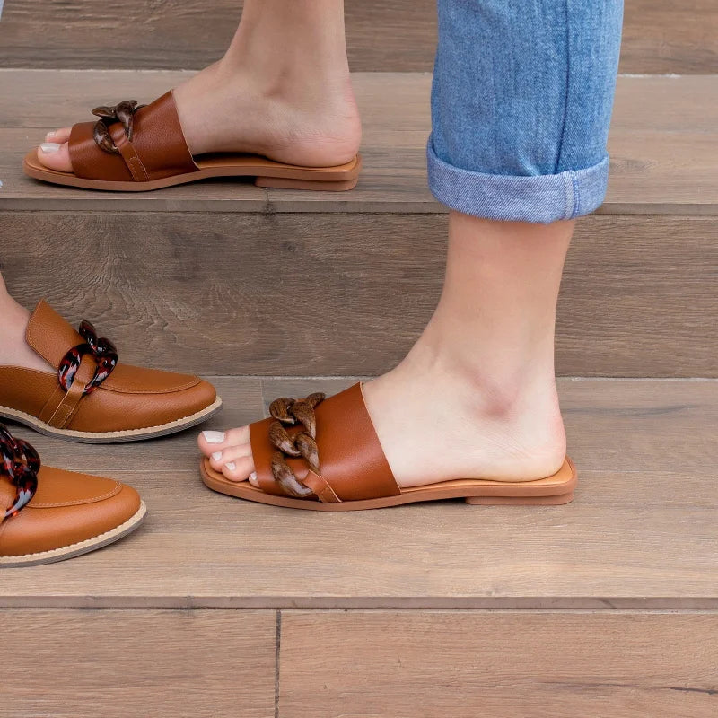 Caramel Leather Chain Flat Sandal