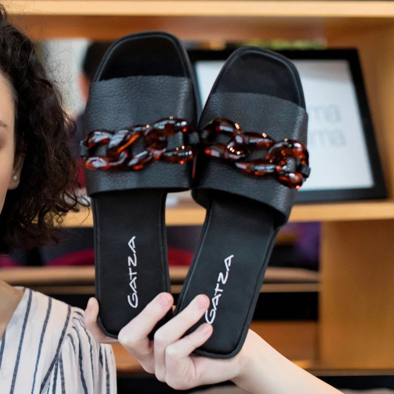 Black Leather Chain Flat Sandal
