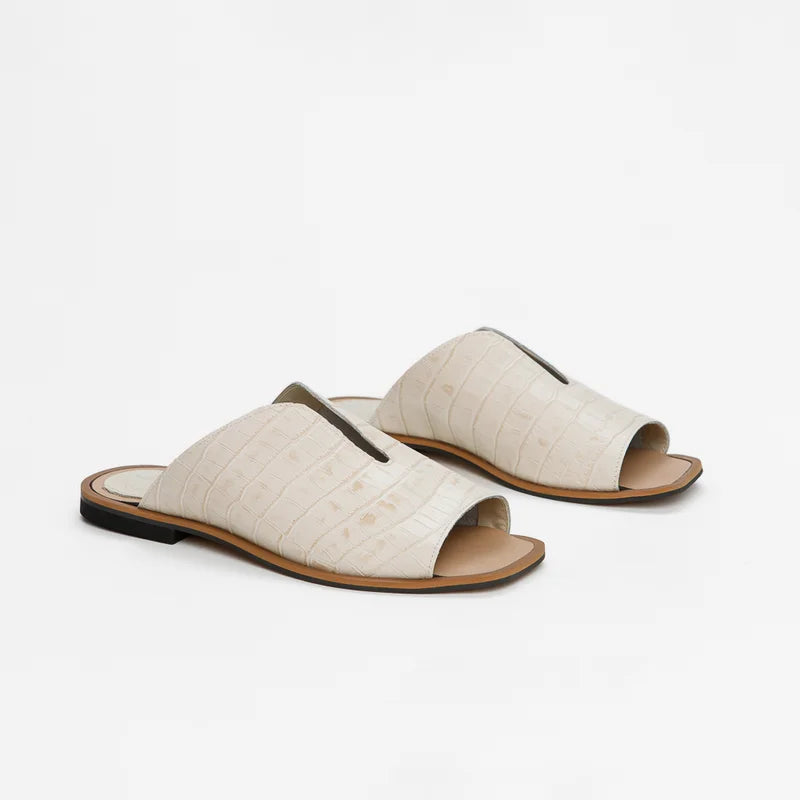 Leather V-Cut Flat Sandal - Off-White