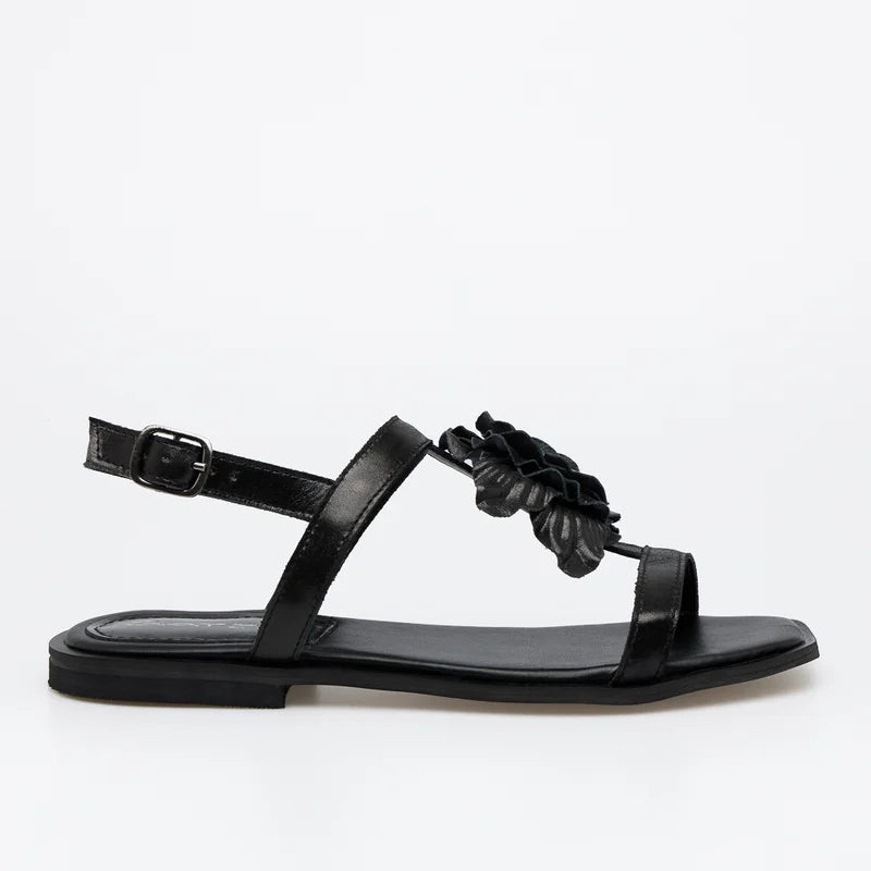 Fiorela Leather Flat Sandal - Black
