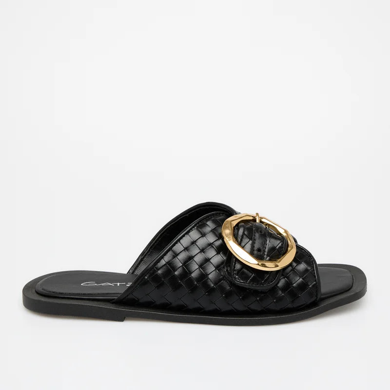 Firenze Black Leather Flat Sandal